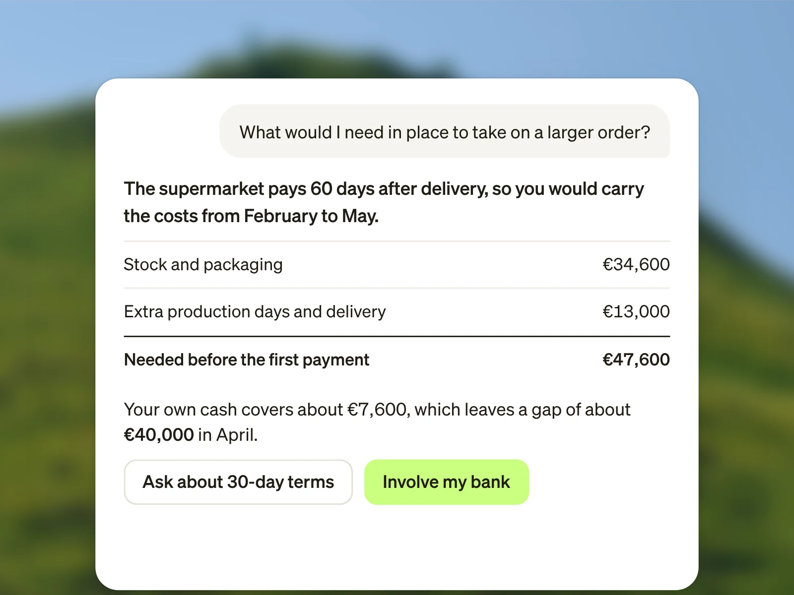 Coach works out what a larger supermarket order would need: €47,600 of costs before the first payment, leaving a gap of about €40,000 after Aoife’s own cash, with a button to involve her bank.