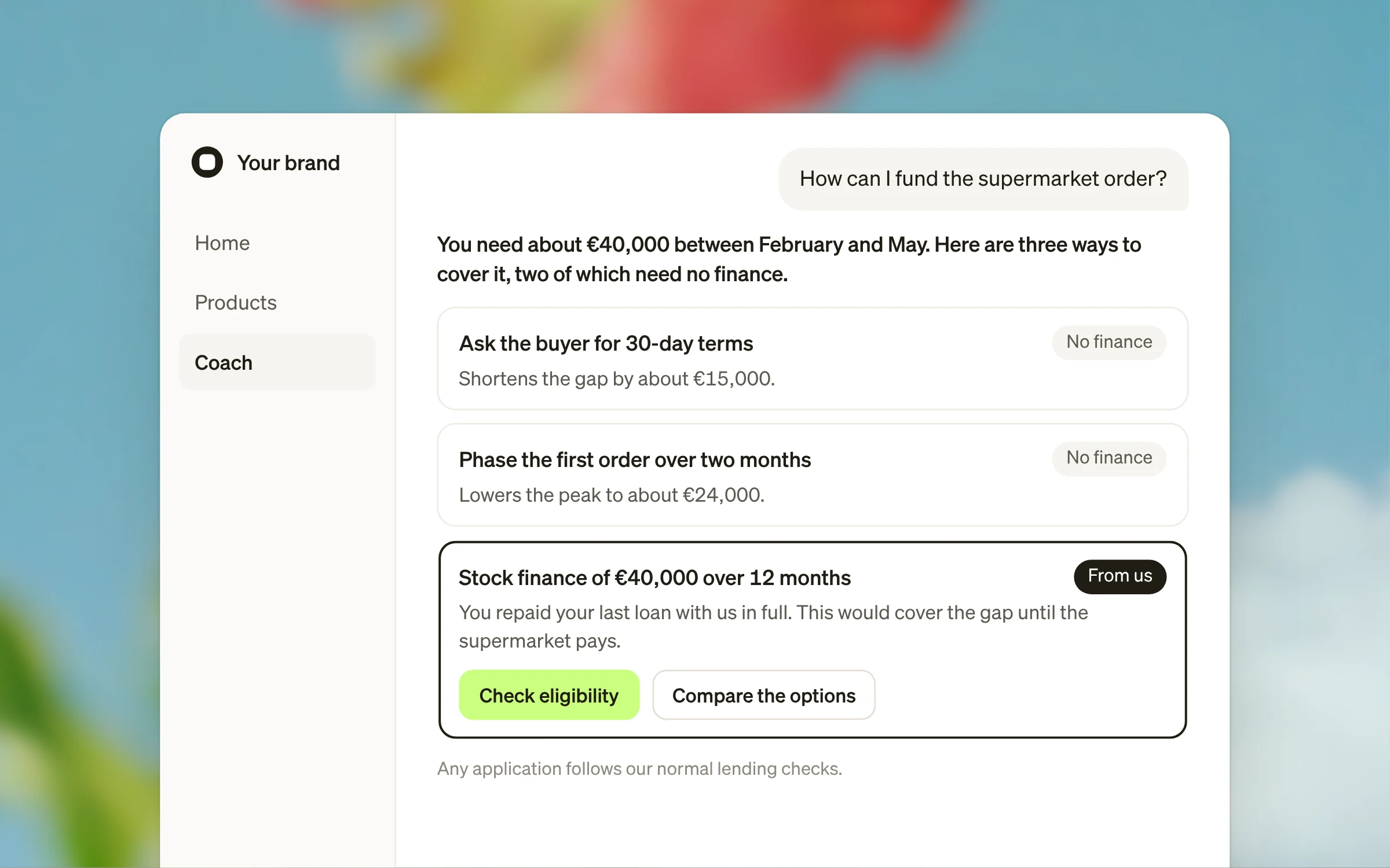 In a digital lender’s app, Coach sets out three ways to cover a €40,000 gap: two that need no finance and the lender’s own stock finance, with a button that starts the lender’s own eligibility check.