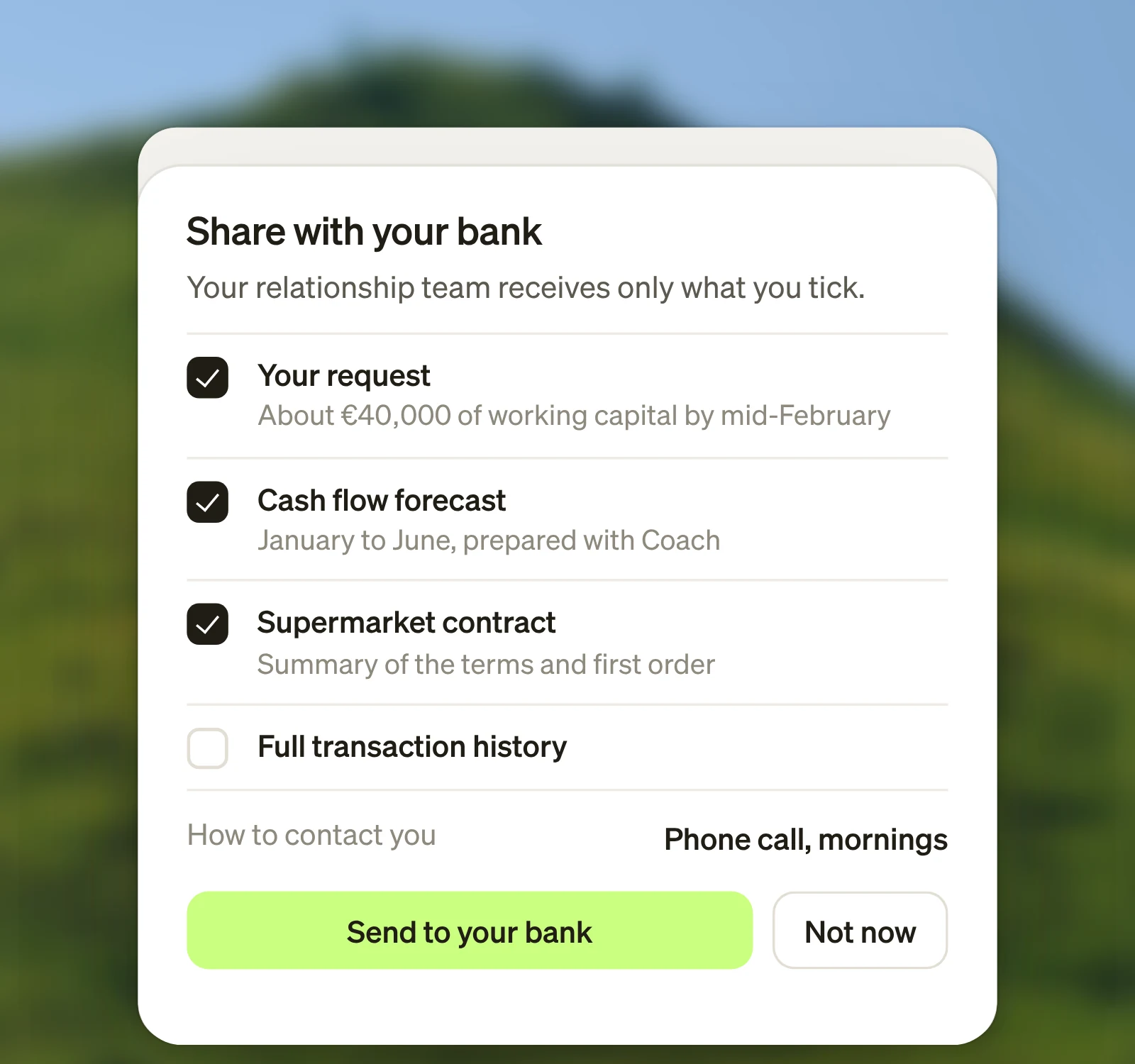 Aoife chooses what to share with her bank before anything is sent: her request, her cash flow forecast and the contract summary, but not her full transaction history.